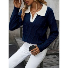 Plus Size - Plus Size Miye Sweater | Fall/Winter Color Block Turn- Collar Elegant Fashion Women'S Pullover Long Sleeve with Rib- Details