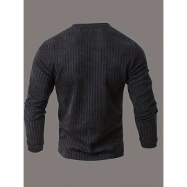 Men's Fashion Casual Long Sleeve Henley Shirt | Premium Houndstooth Jacquard Henley Collar T-Shirt | Notched V-Neck Design | Loose-Fit Comfortable Henley Tee | Essential Golf Wear | Breathable, Warm, and Skin-Friendly | for Indoor Gatherings and