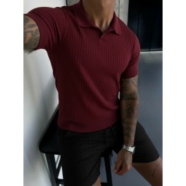 Men'S Summer Fashion Rib-Knit Polo Shirt | Short Sleeve, Lapel Collar, Rayon, Medium Stretch, Solid Color, Ideal for Business Travel and Casual Social Events