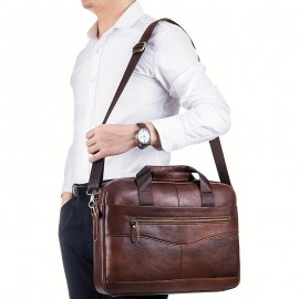 Men's Genuine Leather Business Briefcase - Large Capacity Laptop Messenger Bag with Multiple Compartments, Brown Top Grain Cowhide for Work & Travel, Laptop Bag