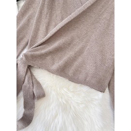 100% Wool Women's Elegant V-Neck Cardigan with Adjustable Tie Waist- Beige Long Sleeve Sweater, Lightweight Casual to Semi-Formal Outerwear for Spring