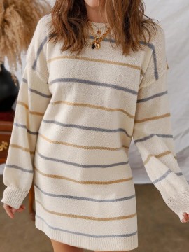 Women'S Multicolor Striped Round Neck Sweater Dress - Long Sleeve A-Line Mini Dress with Multicolor Horizontal Stripes (Pink/) | Spring/Fall Casual to Semi-Formal Outfits | Easy-Care Round Neck Design & Versatile Layering Piece