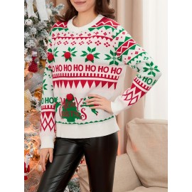 Women's Christmas Long Sleeve Sweaters Reindeer Snowflake Letter Tree Round Neck Ribbed Knitted Tops