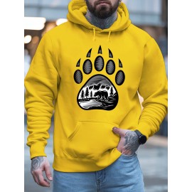 Plus-Size Men'S 3D Digital Print Bear Paw & Forest Graphic Hooded Sweatshirt - with Wildlife Design, Casual Long Sleeve Pullover, Regular Fit for Outdoor & Casual Attire, Nature-Inspired Men'S Fashion, Plus Size