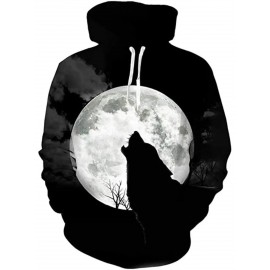 Men's Wolf and Full Moon Pattern Hoodie- Streetwear Pullover Sweatshirt with Hood, Long Sleeve Autumn Winter Cold Weather Jacket, Adjustable Zipper Hood- Men's Urban Outdoor Clothing, Casual Wear, Strong Print, Comfortable Fabric, Casual Wear, PLUS