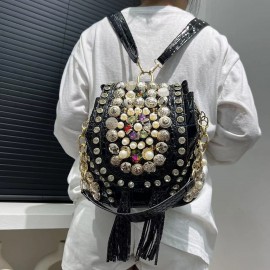 Women's Elegant Alligator-Print  Handbag/Purse - Detachable Strap & ic Closure, / with Bead Accent - Luxury Wedding, Party, Gala Accessory ( Light Beige)