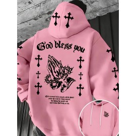 Men'S Christian Faith Hooded Sweatshirt with Prayer Hands & Cross Design - All-Season Casual Pullover, Machine Washable, Kangaroo Pocket & Drawstring Hood, Plus Size, Church Activities & Casual Attire